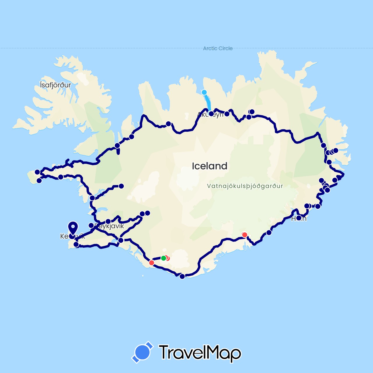 TravelMap itinerary: driving, bus, hiking, boat in Iceland (Europe)