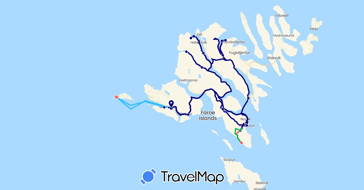TravelMap itinerary: driving, bus, hiking, boat in Faroe Islands (Europe)