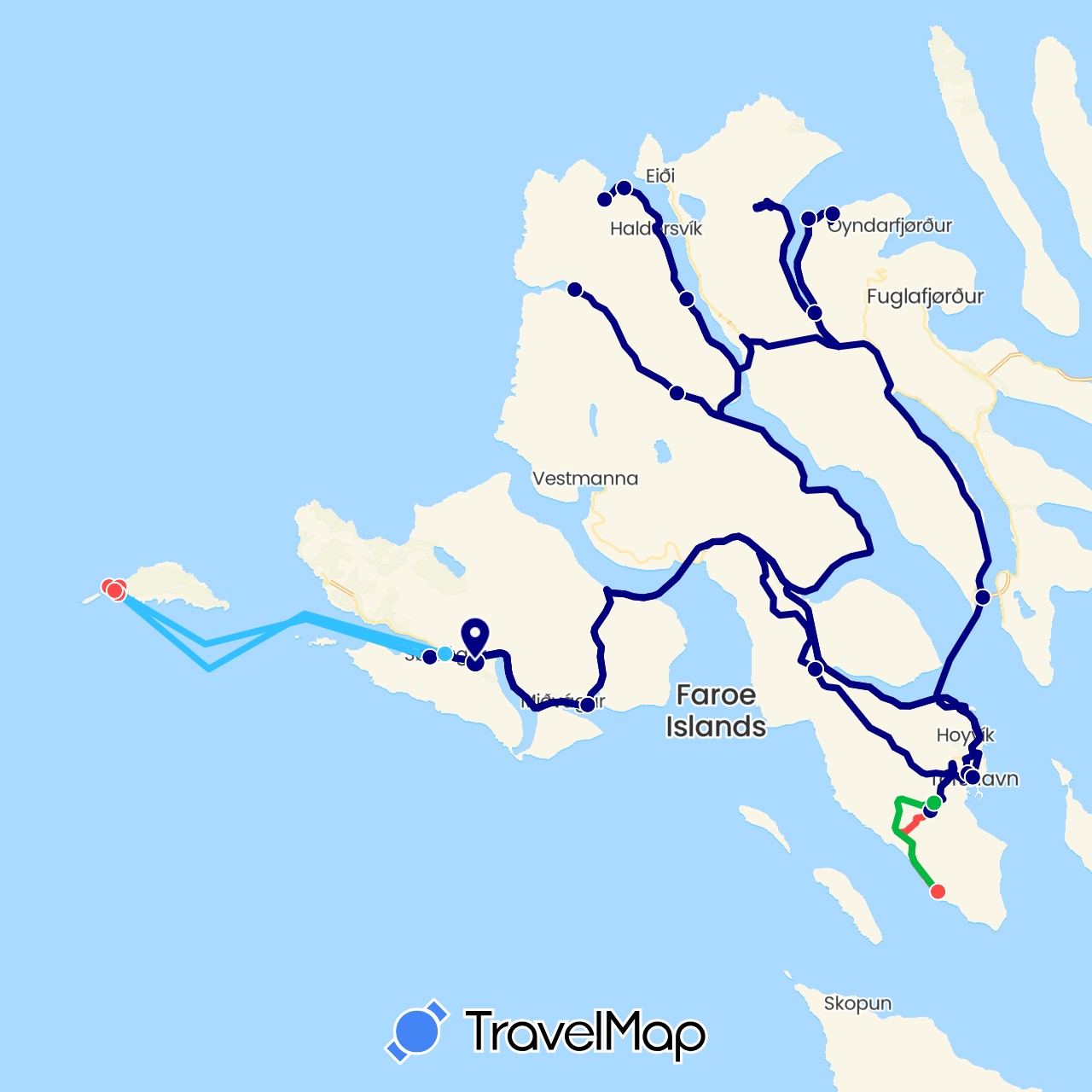 TravelMap itinerary: driving, bus, hiking, boat in Faroe Islands (Europe)
